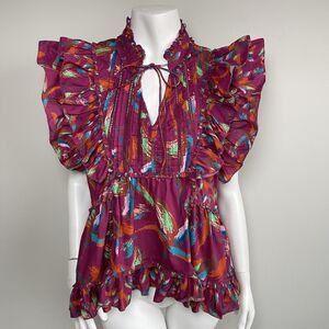 alivia Ruffle Sleeves Babydoll Blouse Shirt Top L Cotton Cottage Resort Preppy